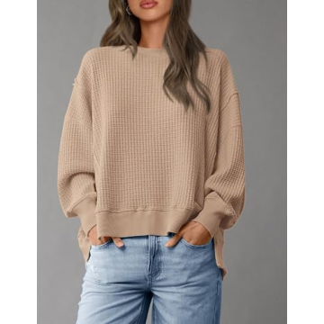 PRETTYGARDEN Women's Oversized Crewneck Sweatshirts Fall Fashion Casual Long Sleeve Pullover Waffle Knit Spring Shirts Top (Apricot,Small)