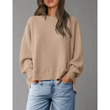 PRETTYGARDEN Women's Oversized Crewneck Sweatshirts Fall Fashion Casual Long Sleeve Pullover Waffle Knit Spring Shirts Top (Apricot,Small)