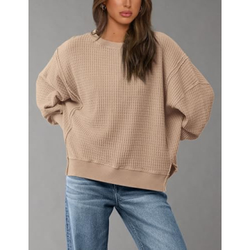 PRETTYGARDEN Women's Oversized Crewneck Sweatshirts Fall Fashion Casual Long Sleeve Pullover Waffle Knit Spring Shirts Top (Apricot,Small)