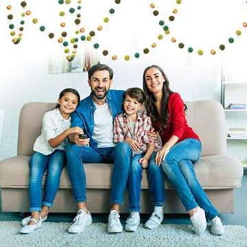 Glaciart One St. Patrick's Day Felt Ball Garland - Pre-Assembled Irish Party Decoration - Pompom Party Decor - 100% Natural Wool Pom Poms with Gold Balls on Cotton String - 8 Feet