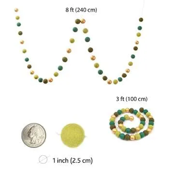 Glaciart One St. Patrick's Day Felt Ball Garland - Pre-Assembled Irish Party Decoration - Pompom Party Decor - 100% Natural Wool Pom Poms with Gold Balls on Cotton String - 8 Feet