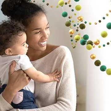 Glaciart One St. Patrick's Day Felt Ball Garland - Pre-Assembled Irish Party Decoration - Pompom Party Decor - 100% Natural Wool Pom Poms with Gold Balls on Cotton String - 8 Feet