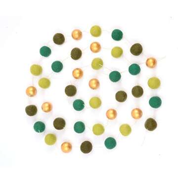 Glaciart One St. Patrick's Day Felt Ball Garland - Pre-Assembled Irish Party Decoration - Pompom Party Decor - 100% Natural Wool Pom Poms with Gold Balls on Cotton String - 8 Feet