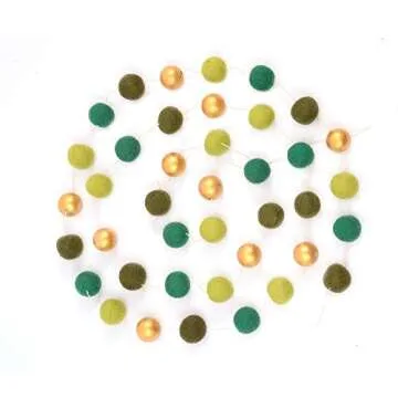 Glaciart One St. Patrick's Day Felt Ball Garland - Pre-Assembled Irish Party Decoration - Pompom Party Decor - 100% Natural Wool Pom Poms with Gold Balls on Cotton String - 8 Feet