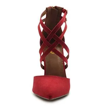 Ollio Women's Shoes Zip Up Pointed Toe Buckle Cross Ankle Straps Chunky Heel Pump H108 (6.5 B(M) US, Red)