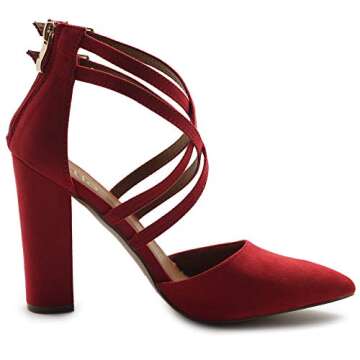 Ollio Women's Shoes Zip Up Pointed Toe Buckle Cross Ankle Straps Chunky Heel Pump H108 (6.5 B(M) US, Red)