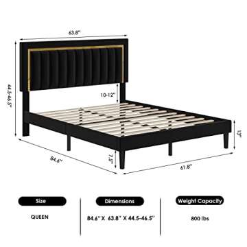 HITHOS Queen Size Bed Frame with Adjustable Tufted Headboard, Velvet Upholstered Platform Bed Frame ...