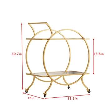 LORMITER Gold Bar Carts for The Home Bar Serving Cart, Rolling Bar Cart Gold with Lockable Caster Wheels, Glass Bar Carts with 2 Mirrored Shelves, Storage Round Wine Carts for Kitchen, Party