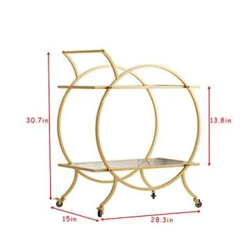 LORMITER Gold Bar Carts for The Home Bar Serving Cart, Rolling Bar Cart Gold with Lockable Caster Wheels, Glass Bar Carts with 2 Mirrored Shelves, Storage Round Wine Carts for Kitchen, Party