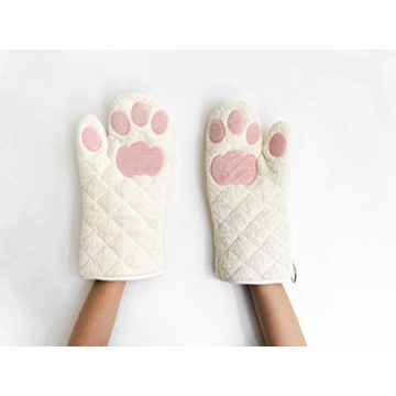 Whimsical Cat Paws Oven Mitts - White & Pink, 100% Cotton, Heat Resistant