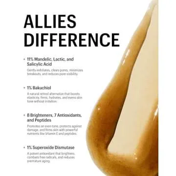 Allies of Skin Mandelic Pigmentation Corrector Night Serum: Mandelic, Lactic & Salicylic Acid, Hyaluronic Acid, Niacinamide, Bakuchiol, Rosehip & Tamanu Oils. Exfoliate & Target Uneven Skin Tone 1 oz