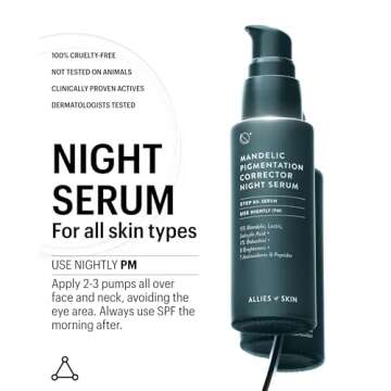 Allies of Skin Mandelic Pigmentation Corrector Night Serum: Mandelic, Lactic & Salicylic Acid, Hyaluronic Acid, Niacinamide, Bakuchiol, Rosehip & Tamanu Oils. Exfoliate & Target Uneven Skin Tone 1 oz