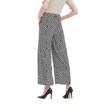 Tronjori Women High Waist Casual Wide Leg Long Palazzo Pants Trousers Regular Size(S,White Check)