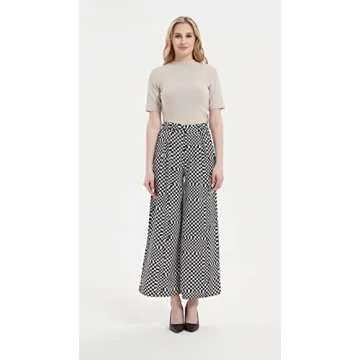 Tronjori Women High Waist Casual Wide Leg Long Palazzo Pants Trousers Regular Size(S,White Check)