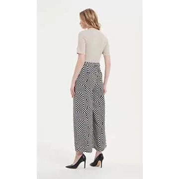 Tronjori Women High Waist Casual Wide Leg Long Palazzo Pants Trousers Regular Size(S,White Check)