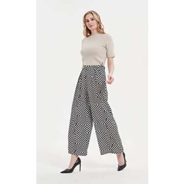 Tronjori Women High Waist Casual Wide Leg Long Palazzo Pants Trousers Regular Size(S,White Check)
