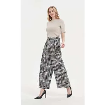 Tronjori Women High Waist Casual Wide Leg Long Palazzo Pants Trousers Regular Size(S,White Check)
