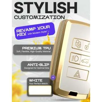 for Range Rover Key Fob Cover and Leather Keychain, TPU Key Case for Jaguar XE XJ XF for Land Rover Sport, Velar, Evoque, Defender, Discovery Keyfob Cover for KOBJXF18A - White and Gold