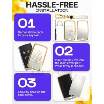 for Range Rover Key Fob Cover and Leather Keychain, TPU Key Case for Jaguar XE XJ XF for Land Rover Sport, Velar, Evoque, Defender, Discovery Keyfob Cover for KOBJXF18A - White and Gold