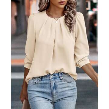 PRETTYGARDEN Women's Casual Shirts Fall Long Sleeve Round Neck Plain Pleated T-Shirts Trendy Loose F...