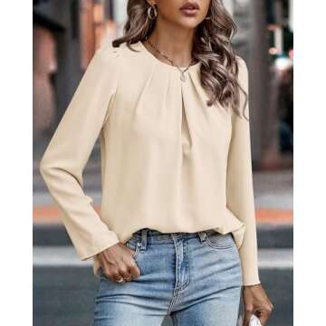 PRETTYGARDEN Women's Casual Shirts Fall Long Sleeve Round Neck Plain Pleated T-Shirts Trendy Loose Fit Work Tops Blouses(Beige,Large)