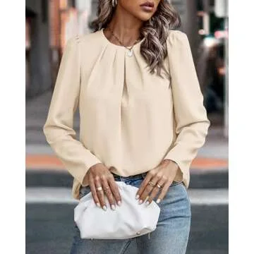 PRETTYGARDEN Women's Casual Shirts Fall Long Sleeve Round Neck Plain Pleated T-Shirts Trendy Loose Fit Work Tops Blouses(Beige,Large)