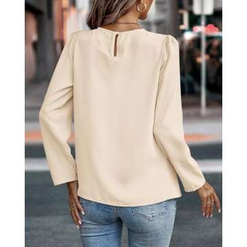 PRETTYGARDEN Women's Casual Shirts Fall Long Sleeve Round Neck Plain Pleated T-Shirts Trendy Loose Fit Work Tops Blouses(Beige,Large)