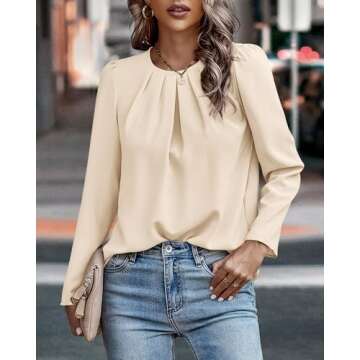 PRETTYGARDEN Women's Casual Shirts Fall Long Sleeve Round Neck Plain Pleated T-Shirts Trendy Loose Fit Work Tops Blouses(Beige,Large)