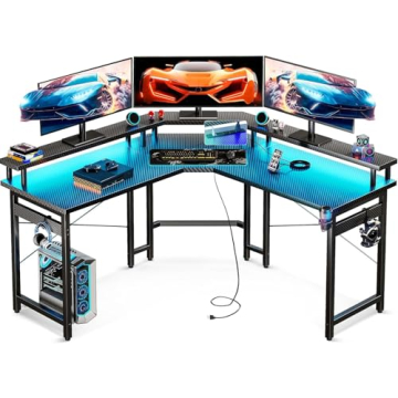 ODK L Shaped Gaming Desk with LED Lights & Power Outlets - Your Ultimate Work and Play Des