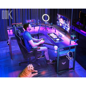 ODK L Shaped Gaming Desk with LED Lights & Power Outlets - Ultimate Dual Setup