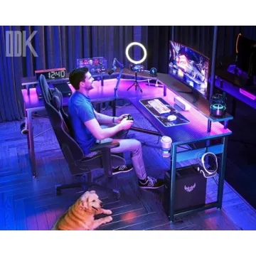 ODK L Shaped Gaming Desk with LED Lights & Power Outlets - Ultimate Dual Setup