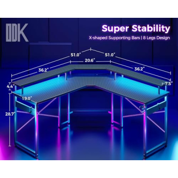ODK L Shaped Gaming Desk with LED Lights & Power Outlets - Ultimate Dual Setup