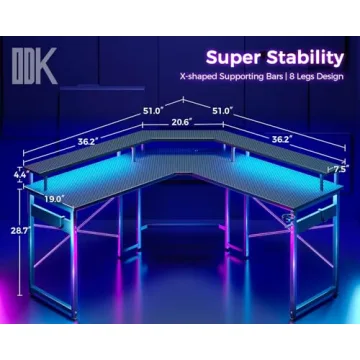 ODK L Shaped Gaming Desk with LED Lights & Power Outlets - Ultimate Dual Setup