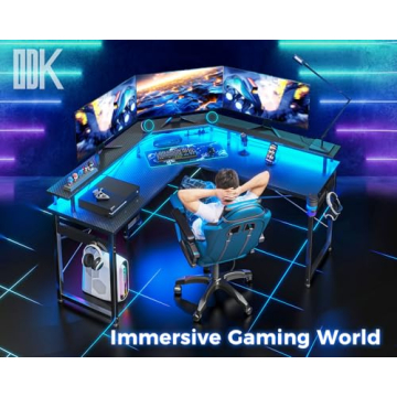ODK L Shaped Gaming Desk with LED Lights & Power Outlets - Ultimate Dual Setup