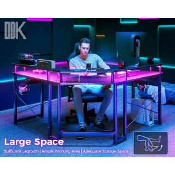 ODK L Shaped Gaming Desk with LED Lights & Power Outlets - Ultimate Dual Setup