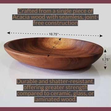 WRIGHTMART Acacia Wood Oval Bowl, Handmade, Rustic Server for Foods, Salads, Fruits, Bread - Dining Table & Kitchen Counter Décor - Entryway Key & Coin Catch-All Tray, 10.75" x 7" x 1.75"