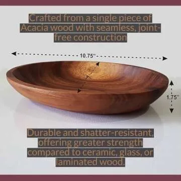 WRIGHTMART Acacia Wood Oval Bowl, Handmade, Rustic Server for Foods, Salads, Fruits, Bread - Dining Table & Kitchen Counter Décor - Entryway Key & Coin Catch-All Tray, 10.75" x 7" x 1.75"
