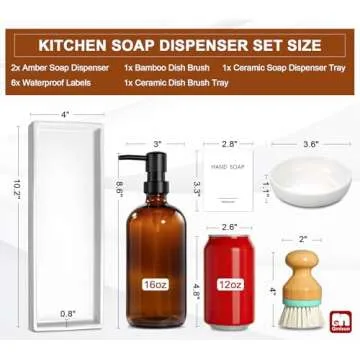 GMISUN Dish Soap Dispenser, 16 Oz Kitchen Soap Dispenser Set with Ceramic Tray & Bamboo Brush, 2 Pack Thick Amber Glass Soap Dispenser, Farmhouse Refillable Hand and Dish Liquid Soap Pump Bottle Set