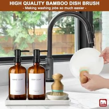 GMISUN Dish Soap Dispenser, 16 Oz Kitchen Soap Dispenser Set with Ceramic Tray & Bamboo Brush, 2 Pack Thick Amber Glass Soap Dispenser, Farmhouse Refillable Hand and Dish Liquid Soap Pump Bottle Set