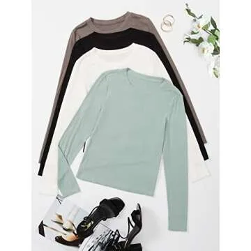 Verdusa Women's 4 Piece Basic T Shirt Round Neck Long Sleeve Tee Top