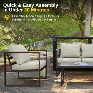 EAST OAK Courtyard Patio Furniture Set, 4-Piece Outdoor Patio Set with Sofa, Removable & Washable Deep Seating Cushion, Tempered Glass Table, Outside Patio Conversation Sets, Coffee & Beige
