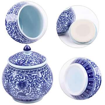 Traditional Chinoiserie Round Ginger Jars Blue and White Porcelain Series Ceramic Storage Jars with Sealed Lids,for Home/Kitchen/Dining Table Decoration (Yuan Jar)