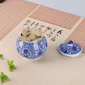 Traditional Chinoiserie Round Ginger Jars Blue and White Porcelain Series Ceramic Storage Jars with Sealed Lids,for Home/Kitchen/Dining Table Decoration (Yuan Jar)