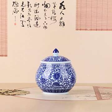 Traditional Chinoiserie Round Ginger Jars Blue and White Porcelain Series Ceramic Storage Jars with Sealed Lids,for Home/Kitchen/Dining Table Decoration (Yuan Jar)