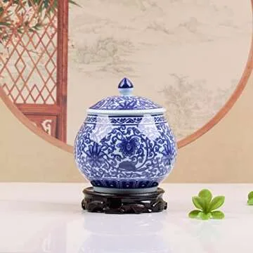Traditional Chinoiserie Round Ginger Jars Blue and White Porcelain Series Ceramic Storage Jars with Sealed Lids,for Home/Kitchen/Dining Table Decoration (Yuan Jar)