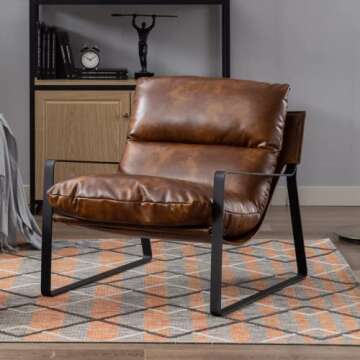 LukeAlon Modern PU Leather Accent Armchair, Upholstered Soft Living Room Chair with Black Metal Frame Thickened Cushion Single Sofa Chair Comfy Lounge Chair for Bedroom Living Room, Brown