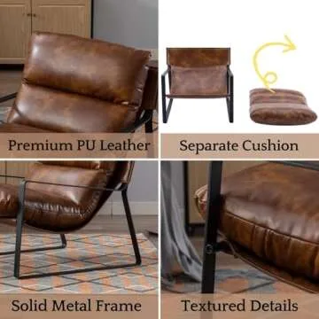 LukeAlon Modern PU Leather Accent Armchair, Upholstered Soft Living Room Chair with Black Metal Frame Thickened Cushion Single Sofa Chair Comfy Lounge Chair for Bedroom Living Room, Brown