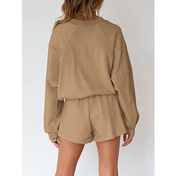 MEROKEETY Women's 2025 Fall Oversized Batwing Sleeve Lounge Sets Casual Top and Shorts 2 Piece Outfits Sweatsuit Khaki