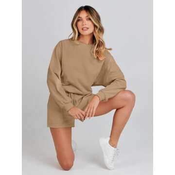 MEROKEETY Women's 2025 Fall Oversized Batwing Sleeve Lounge Sets Casual Top and Shorts 2 Piece Outfits Sweatsuit Khaki