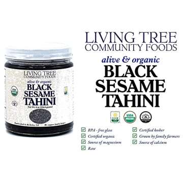 Living Tree Alive & Raw Organic Black Tahini, Made From Organic Unhulled Black Sesame Seeds, Great as a Paste for Hummus, Sauces and Dressings, Robust and Enlivening Taste - 8 Ounce Jar